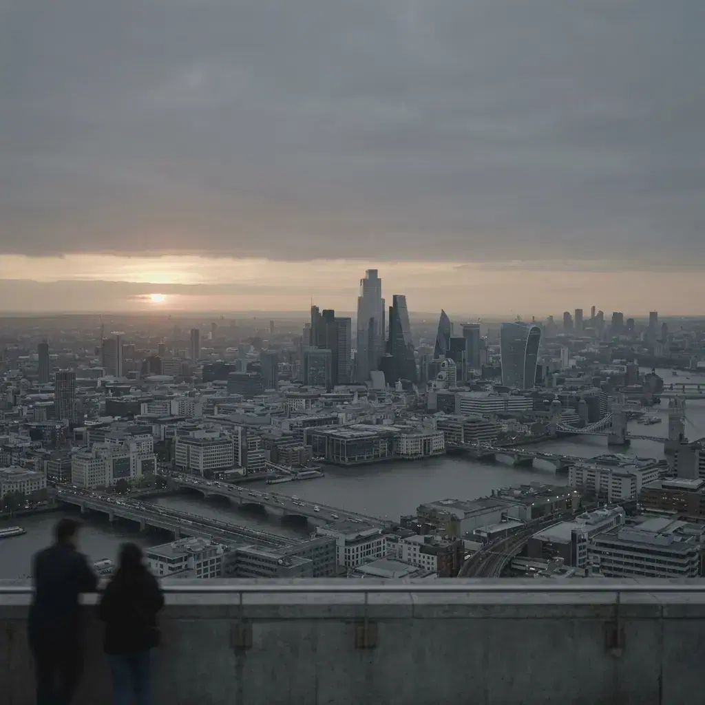 One frame of a city at dusk, ungraded on the left of a hairline seam and with a warm-highlight, cool-shadow grade applied on the right.